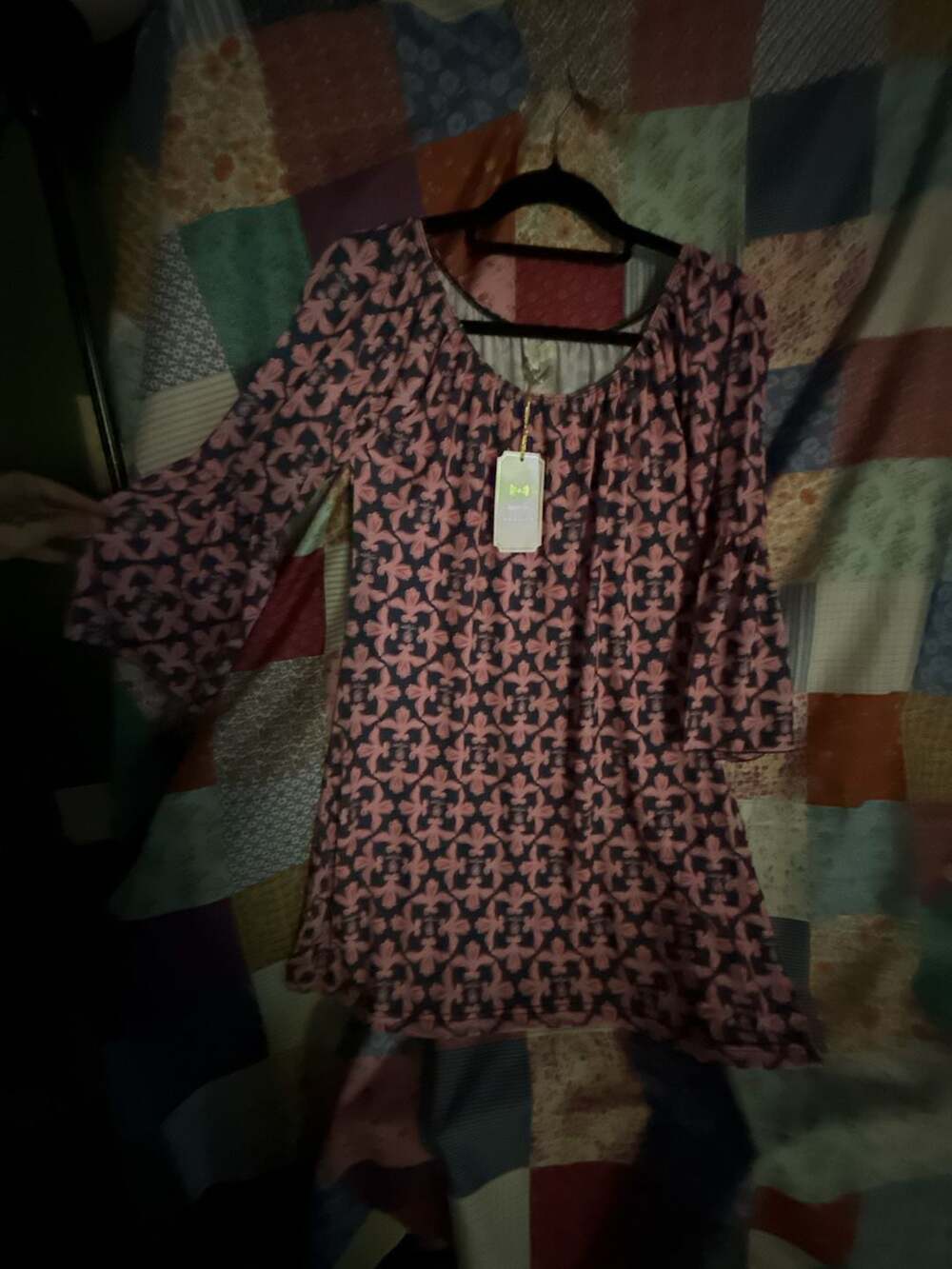 Simply Southern Small Dress Pink Blue Fleur De Lis Pineapple Print Bell Sleeve